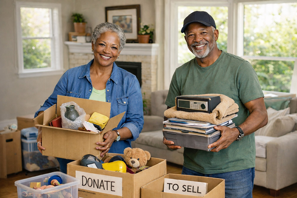 An older African American couple decluttering their home during spring, sorting items into donation and sale boxes in a bright, tidy living room.