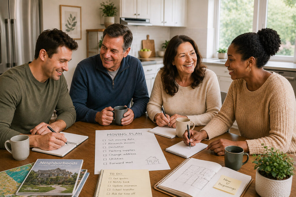 A young couple and an older couple sit at a kitchen table and discuss moving plans.