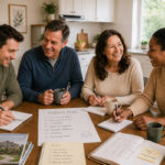 A young couple and an older couple sit at a kitchen table and discuss moving plans.