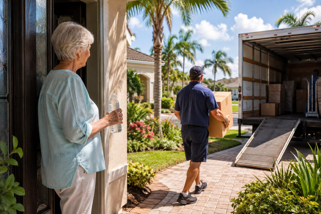 Senior woman holding a water bottle while a professional mover carries boxes during a summer move in Jacksonville, Florida.