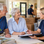 Senior couple meeting with a move manager while professional movers handle boxes in their home.