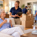 Senior woman relaxing in her home while a professional move manager coordinates movers and oversees the moving process.